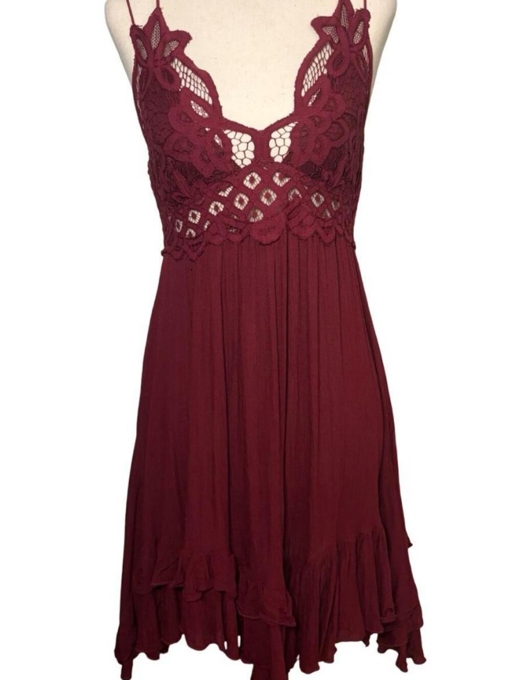 Free People Burgundy Lace-Trim Mini Dress